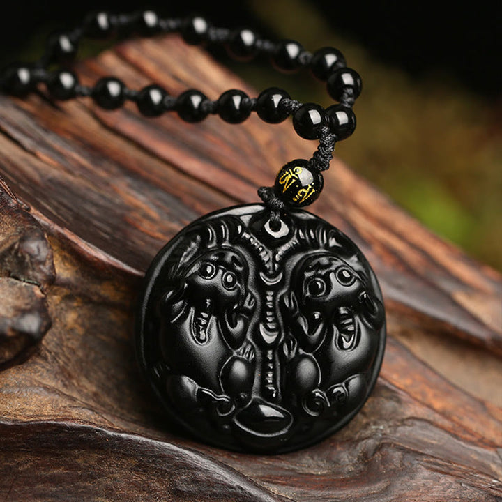 Buddha Stones Zwarte obsidiaan dubbele PiXiu kraal touw Ketting hanger - Zwarte obsidiaan - image 0