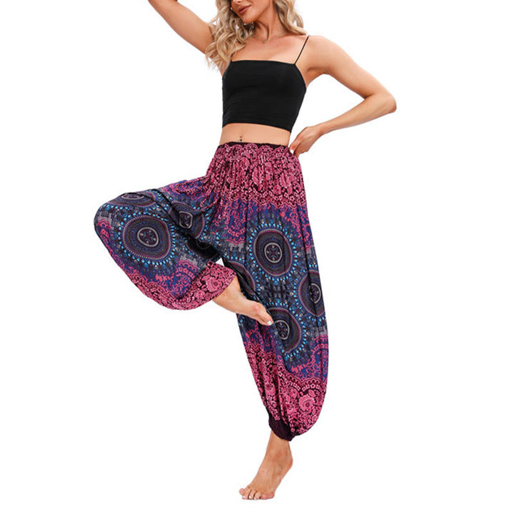 Buddha Stones Casual losse harembroek met kompaspatroon, dames yogabroek - Roze Rood - US4-8/10, UK/AU8-12/14, EU36-40/42 (F) - image 1