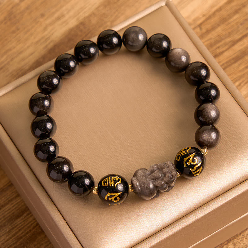 Buddha Stones Natuurlijke zilverglans obsidiaan zwarte obsidiaan Om Mani Padme Hum PiXiu Armband - image 1
