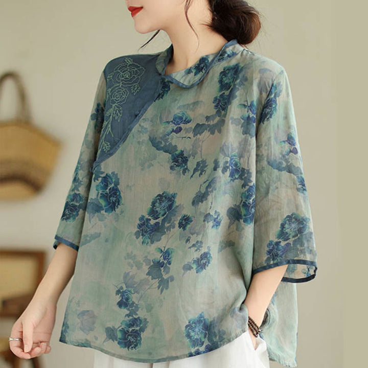 Buddha Stones Plus size blauw shirt met jacaranda-bloemenprint en Mouwlengte - image 4