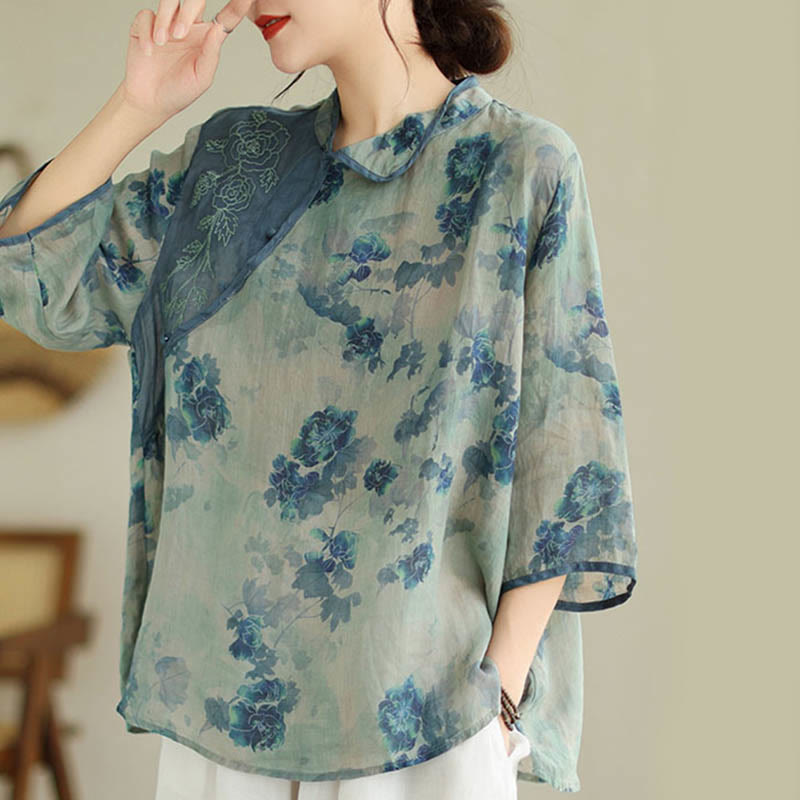 Buddha Stones Plus size blauw shirt met jacaranda-bloemenprint en Mouwlengte - image 2