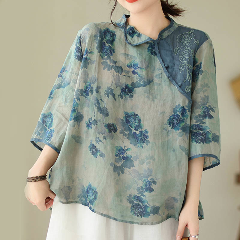 Buddha Stones Plus size blauw shirt met jacaranda-bloemenprint en Mouwlengte - image 6