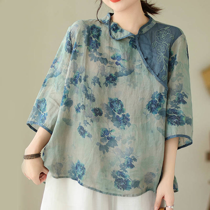 Buddha Stones Plus size blauw shirt met jacaranda-bloemenprint en Mouwlengte - image 6
