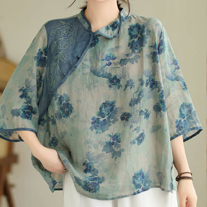 Buddha Stones Plus size blauw shirt met jacaranda-bloemenprint en Mouwlengte - image 3