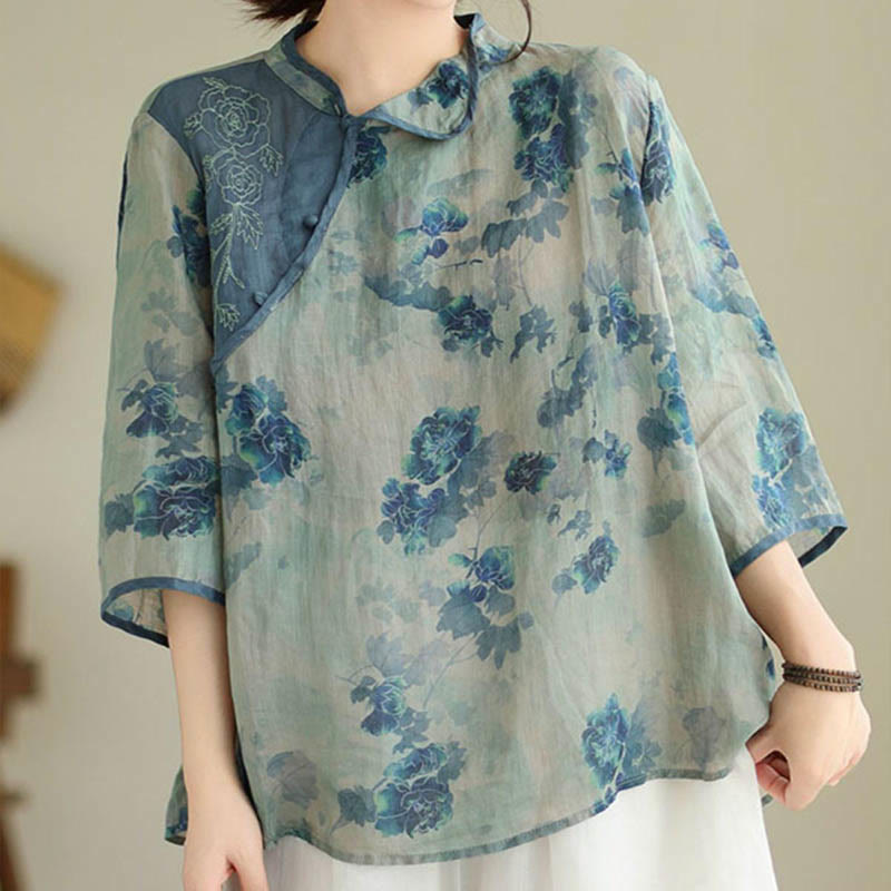 Buddha Stones Plus size blauw shirt met jacaranda-bloemenprint en Mouwlengte - US16, UK/AU20, EU48 (3XL) - image 0