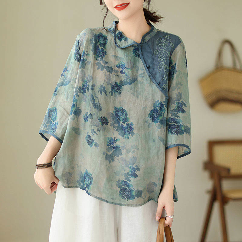 Buddha Stones Plus size blauw shirt met jacaranda-bloemenprint en Mouwlengte - image 8