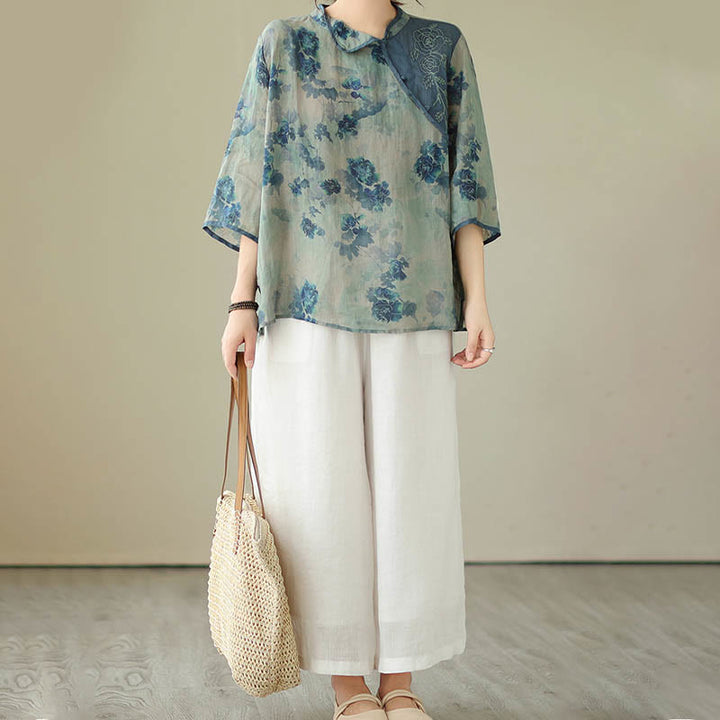 Buddha Stones Plus size blauw shirt met jacaranda-bloemenprint en Mouwlengte - image 12