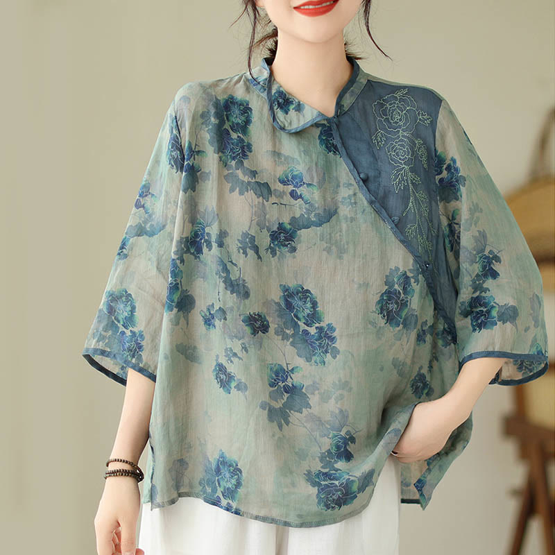 Buddha Stones Plus size blauw shirt met jacaranda-bloemenprint en Mouwlengte - image 1