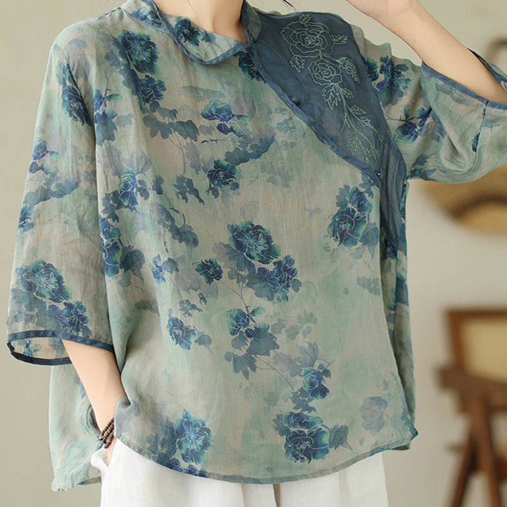 Buddha Stones Plus size blauw shirt met jacaranda-bloemenprint en Mouwlengte - image 7