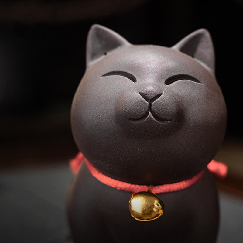 Buddha Stones Mini schattig kattenbeeldje van paarse klei voor op het bureau. - image 7