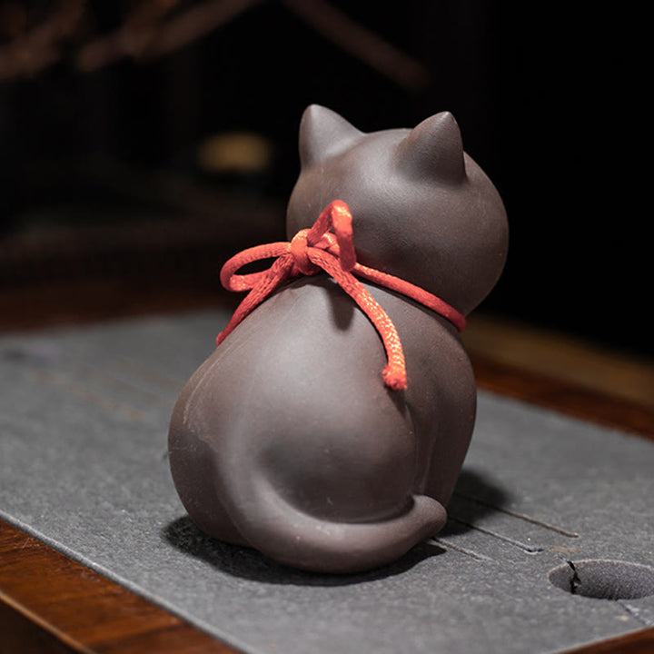 Buddha Stones Mini schattig kattenbeeldje van paarse klei voor op het bureau. - image 6