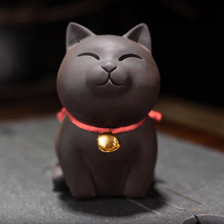 Buddha Stones Mini schattig kattenbeeldje van paarse klei voor op het bureau. - image 4