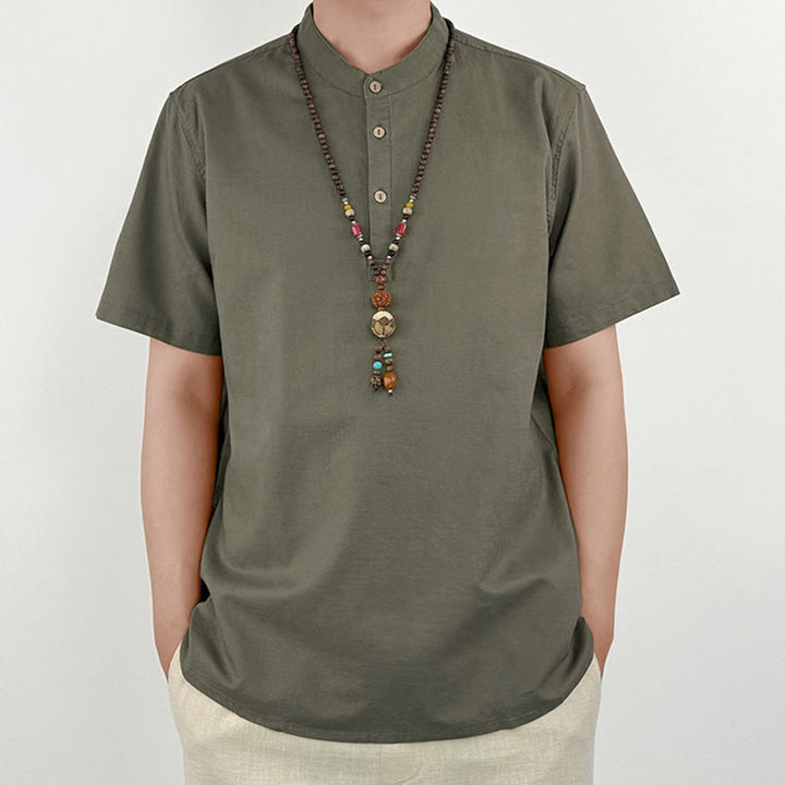 Buddha Stones Effen linnen overhemd met Korte mouw en knoopsluiting voor heren - Donker kaki - US/UK/AU44, EU54 (4XL) - image 0