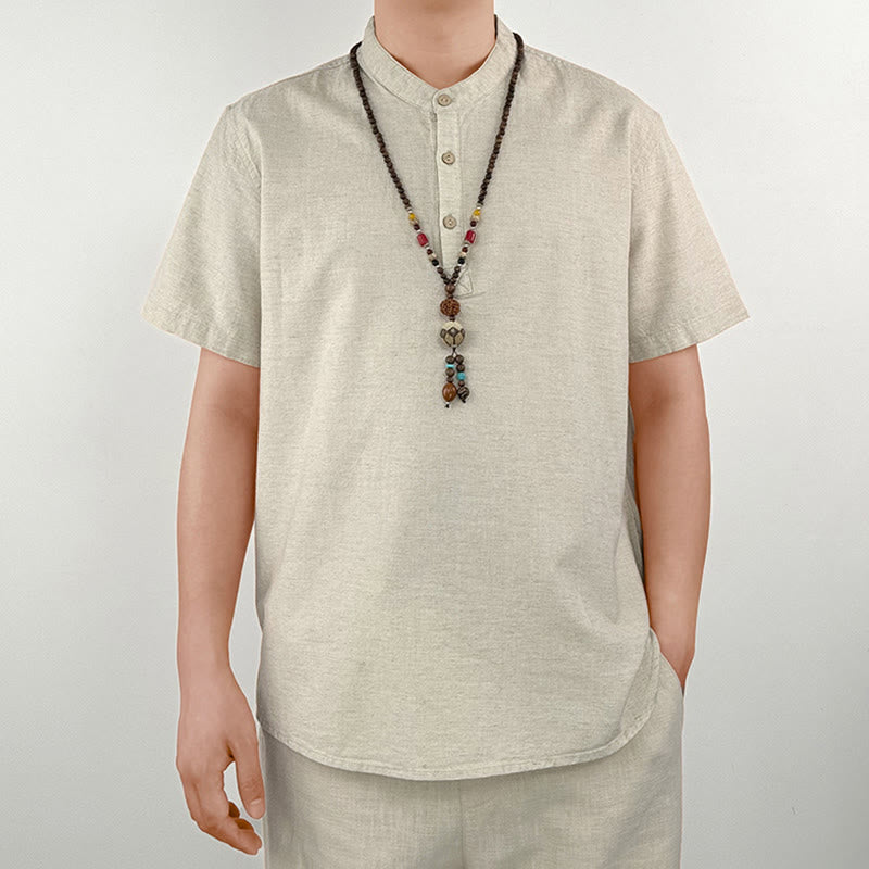 Buddha Stones Effen linnen overhemd met Korte mouw en knoopsluiting voor heren - image 10