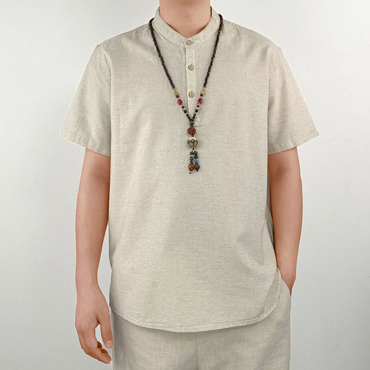 Buddha Stones Effen linnen overhemd met Korte mouw en knoopsluiting voor heren - image 10