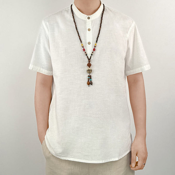 Buddha Stones Effen linnen overhemd met Korte mouw en knoopsluiting voor heren - Wit - US/UK/AU44, EU54 (4XL) - image 16
