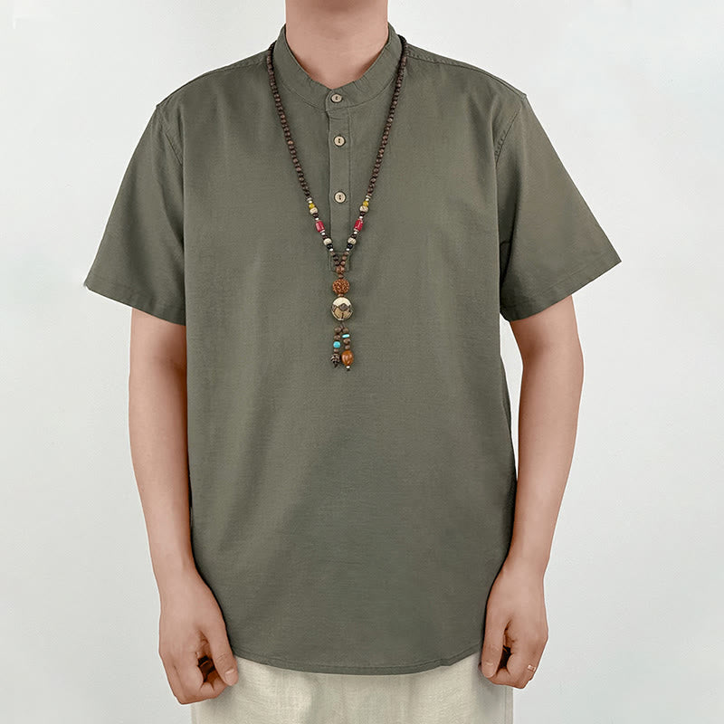 Buddha Stones Effen linnen overhemd met Korte mouw en knoopsluiting voor heren - image 2