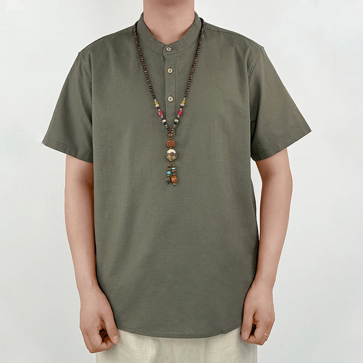 Buddha Stones Effen linnen overhemd met Korte mouw en knoopsluiting voor heren - image 2