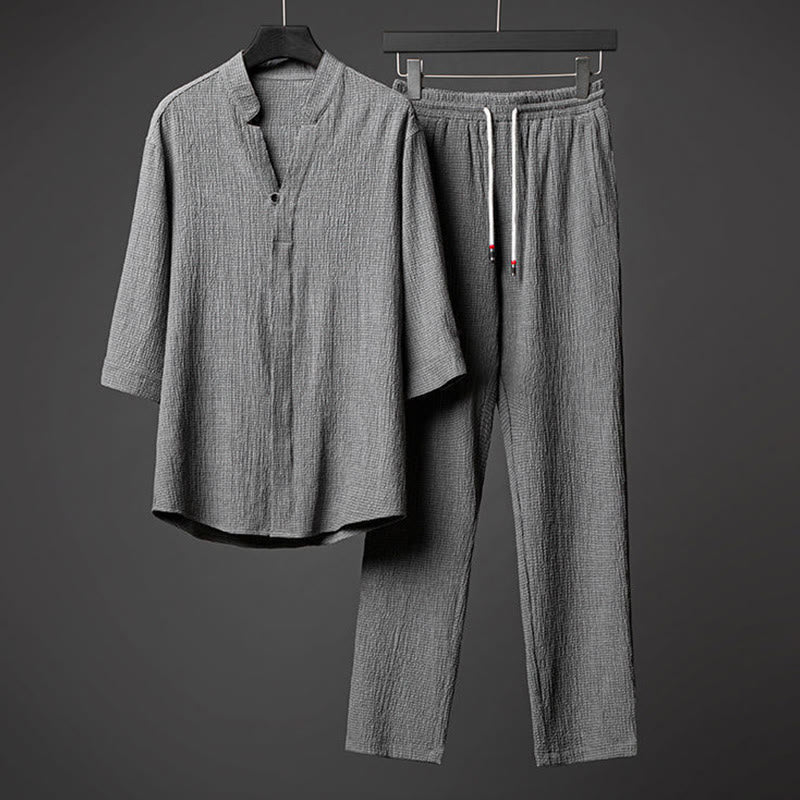 Buddha Stones 2-delige herenset bestaande uit een effen shirt met textuur, knoopsluiting en korte Mouwlengte , bestaande uit een shirt en een broek. - Grijs - US/UK/AU44, EU54 (5XL) - image 0
