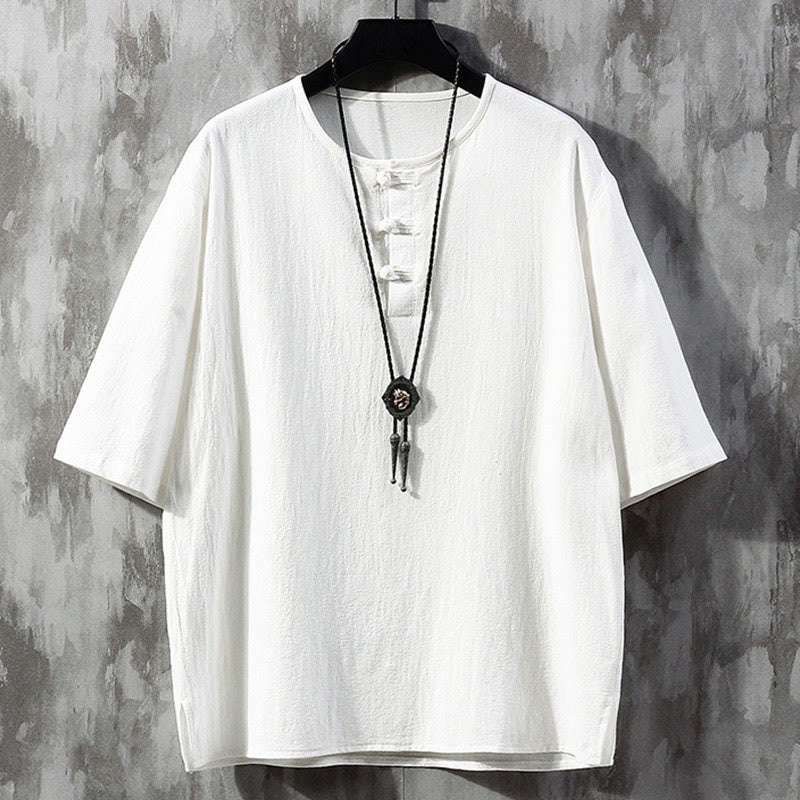 Buddha Stones Frog-Button effen kleur Chinees Tang pak shirt met korte Mouwlengte herenkleding - Wit - US/UK/AU46, EU56 (5XL)  - image 1