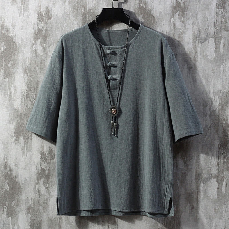 Buddha Stones Frog-Button effen kleur Chinees Tang pak shirt met korte Mouwlengte herenkleding - Licht leigrijs - US/UK/AU46, EU56 (5XL)  - image 0