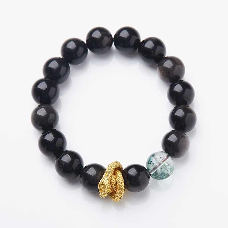 Buddha Stones Natuurlijke zilverglans obsidiaan draak groene fantoom Armband - Obsidiaan met zilverglans (Polsomtrek 14-16 cm) - image 0