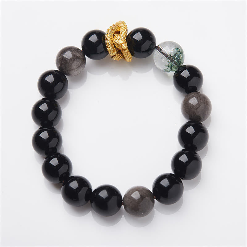 Buddha Stones Natuurlijke zilverglans obsidiaan draak groene fantoom Armband - image 1