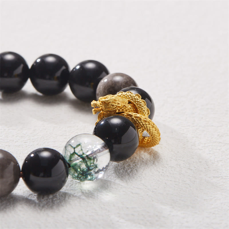 Buddha Stones Natuurlijke zilverglans obsidiaan draak groene fantoom Armband - image 8