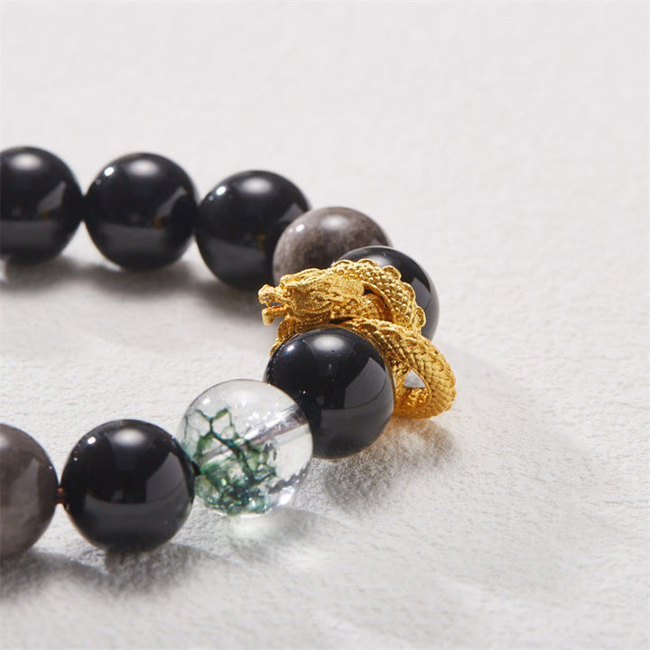 Buddha Stones Natuurlijke zilverglans obsidiaan draak groene fantoom Armband - image 8