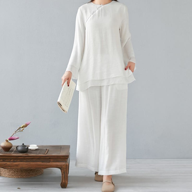 Buddha Stones 2-delige set bestaande uit een shirt met driekwartmouwen en Lange mouw, een broek met wijde pijpen, geschikt voor meditatie, gemaakt van katoen en linnen. - Wit - Lange mouw - US8-10, UK/AU12-14, EU 40-42 (3XL) - image 0