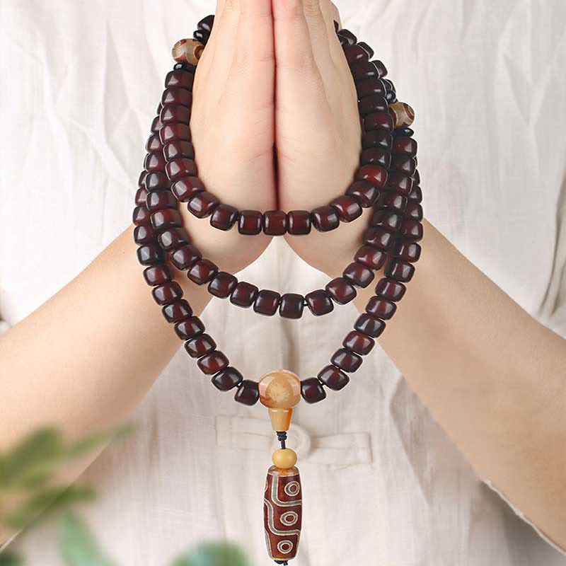Buddha Stones 108 Mala kralen, drieoogige Dzi kraal, negenoogige Dzi kraal, jade Armband - 108 Mala kralen, drieoogige dzi-kralen (Polsomtrek: 14-17 cm) - image 0