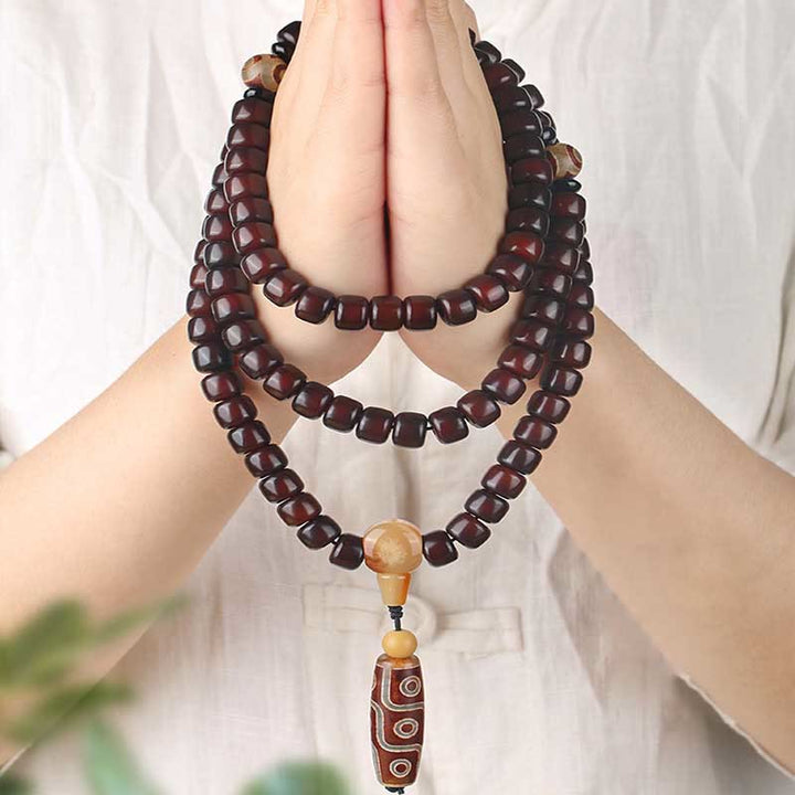 Buddha Stones 108 Mala kralen, drieoogige Dzi kraal, negenoogige Dzi kraal, jade Armband - 108 Mala kralen, drieoogige dzi-kralen (Polsomtrek: 14-17 cm) - image 0