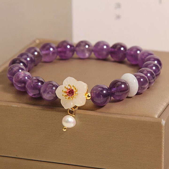 Buddha Stones Armband met bedeltje van natuurlijke amethist, witte agaat en parel, in balansvorm - image 2
