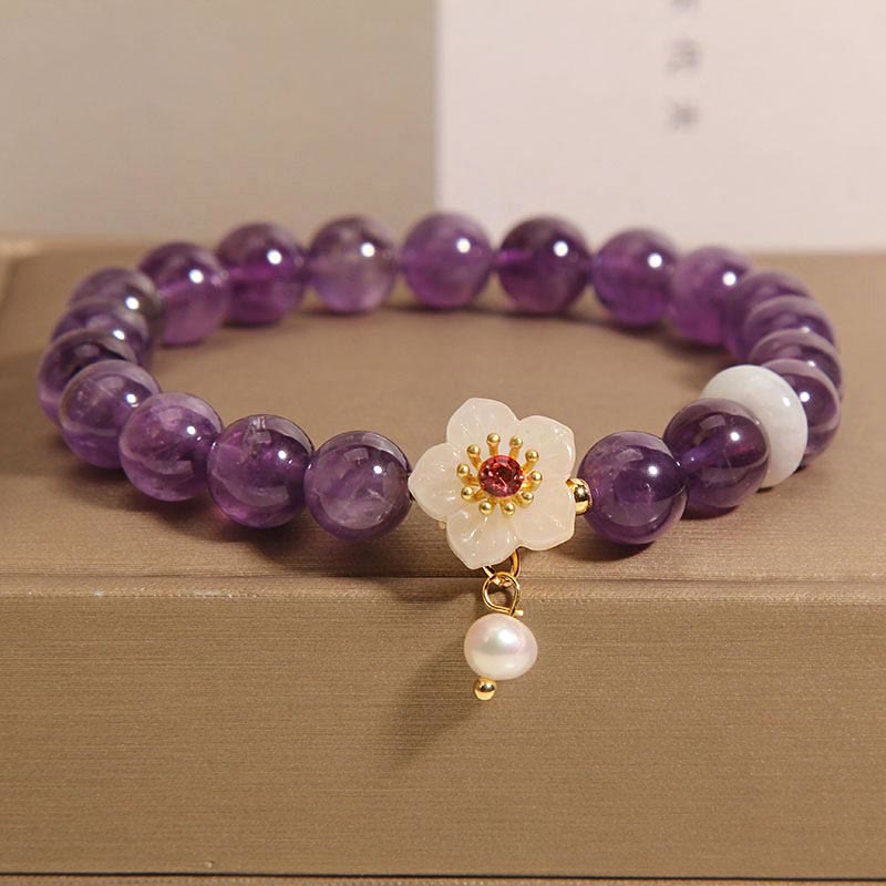 Buddha Stones Armband met bedeltje van natuurlijke amethist, witte agaat en parel, in balansvorm - Amethist (Polsomtrek: 14-17 cm) - image 0