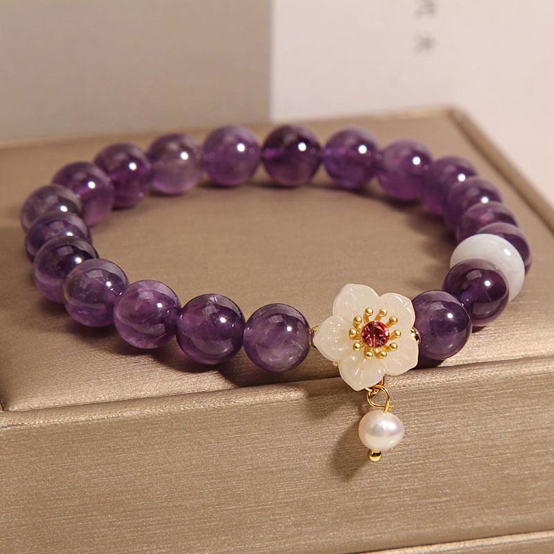 Buddha Stones Armband met bedeltje van natuurlijke amethist, witte agaat en parel, in balansvorm - image 1