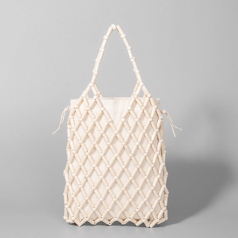 Buddha Stones Handgeweven Handtas van gaas met holle houten kralen - Wit 15*4*25cm - image 3