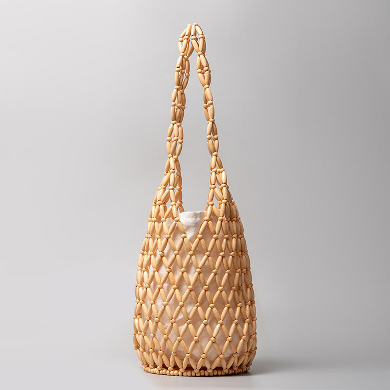 Buddha Stones Handtas schoudertas/ Schoudertas van houten kralen - Beige 16,5*16,5*36 cm - image 11