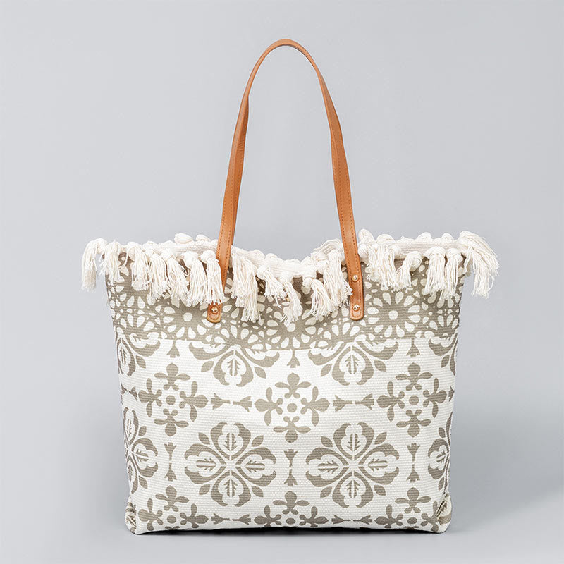 Buddha Stones Grote schoudertas van canvas met boho-geometrisch patroon en Schoudertas - Beige bloemen 50*10*32cm - image 7