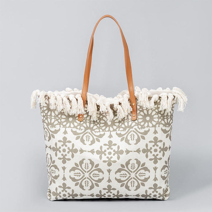 Buddha Stones Grote schoudertas van canvas met boho-geometrisch patroon en Schoudertas - Beige bloemen 50*10*32cm - image 7