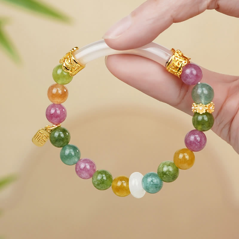 Buddha Stones Kleurrijke Toermalijn Chalcedoon Armband met bedel en positief karakter - Toermalijn (Polsomtrek 14-15 cm) - image 0
