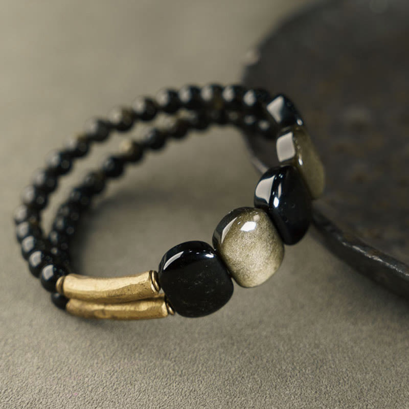 Buddha Stones Zwarte obsidiaan met gouden glans, versterkte Armband van obsidiaan - image 1