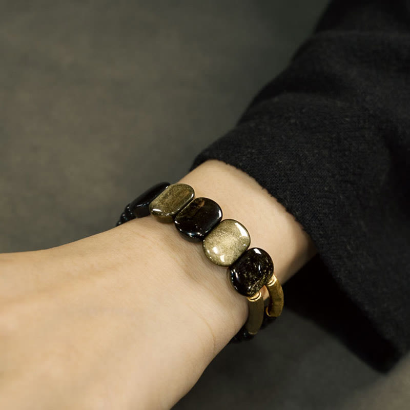 Buddha Stones Zwarte obsidiaan met gouden glans, versterkte Armband van obsidiaan - image 4