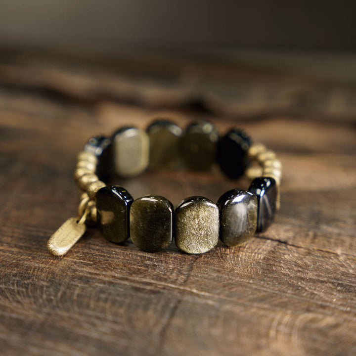 Buddha Stones Zwarte obsidiaan met gouden glans, versterkte Armband van obsidiaan - Hangend type - 18 cm, geschikt voor een Polsomtrek van 17-17,5 cm. - image 2