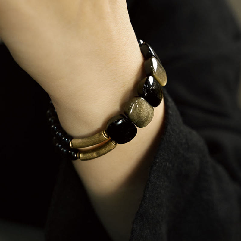 Buddha Stones Zwarte obsidiaan met gouden glans, versterkte Armband van obsidiaan - image 5