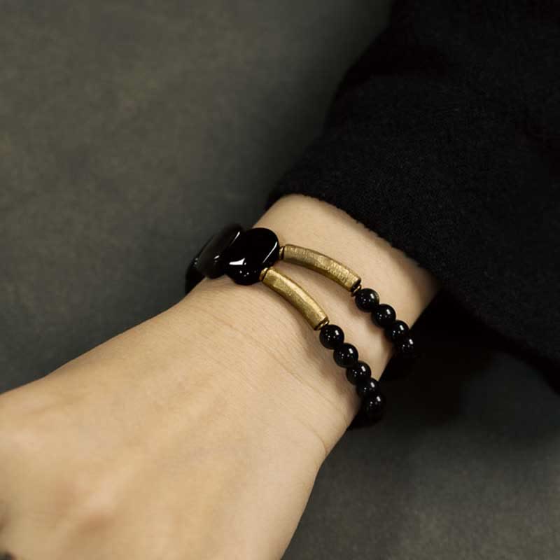 Buddha Stones Zwarte obsidiaan met gouden glans, versterkte Armband van obsidiaan - image 6
