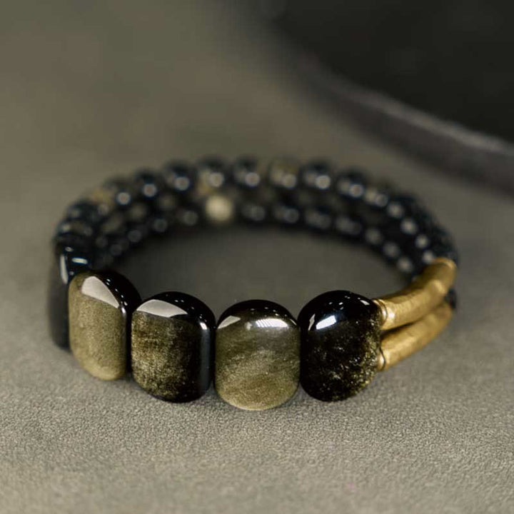 Buddha Stones Zwarte obsidiaan met gouden glans, versterkte Armband van obsidiaan - image 3