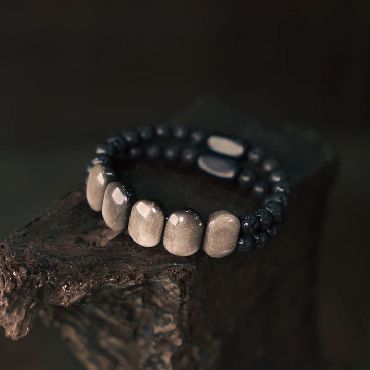 Buddha Stones Armband van obsidiaanlavasteen met natuurlijke zilverglans - 18 cm, geschikt voor een Polsomtrek van 17-17,5 cm. - image 0