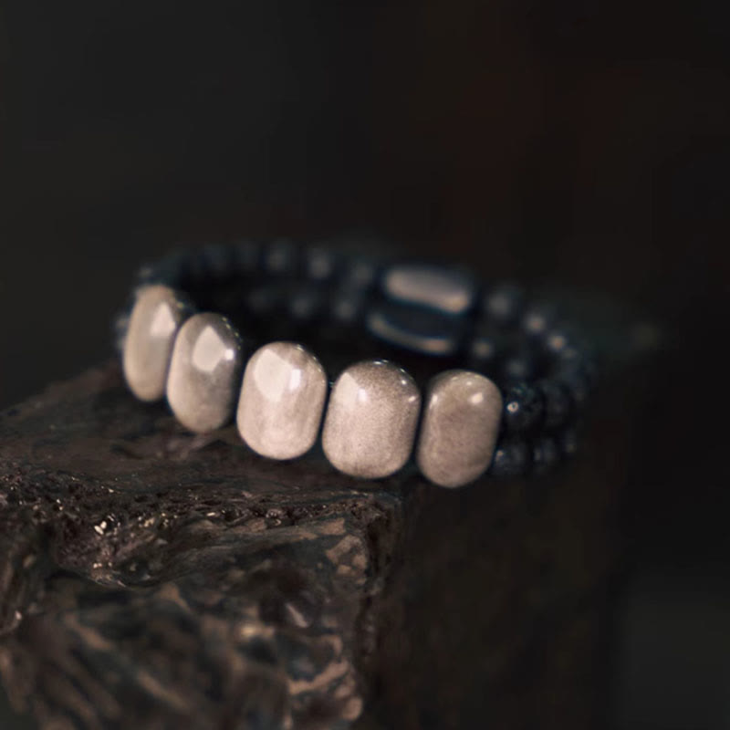 Buddha Stones Armband van obsidiaanlavasteen met natuurlijke zilverglans - image 2