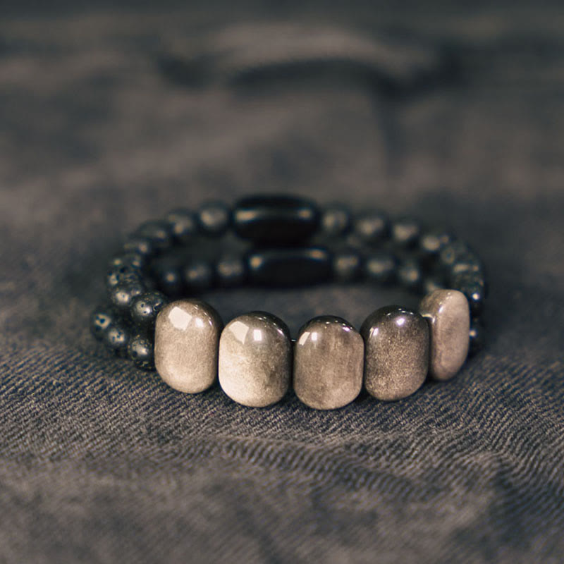 Buddha Stones Armband van obsidiaanlavasteen met natuurlijke zilverglans - image 1