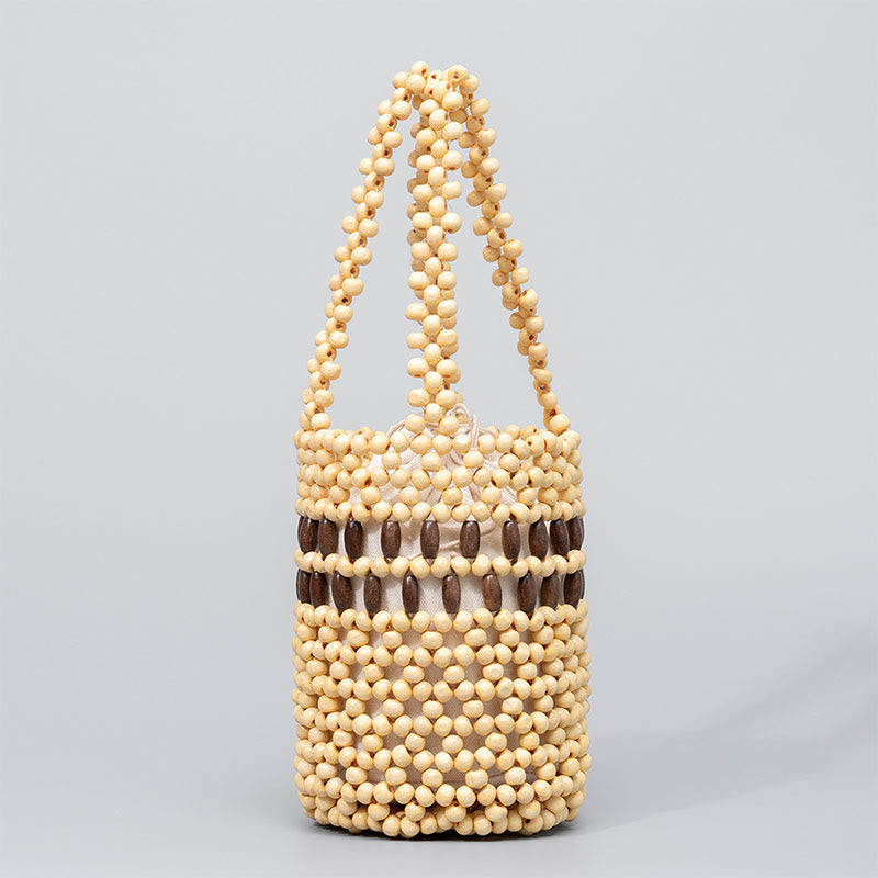 Buddha Stones Handgeweven emmer, draagbare Handtas van houten kralen - Beige 12*12*17cm - image 7